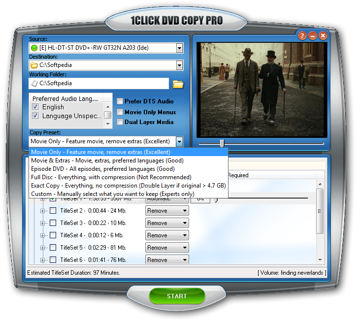 "From this contextual menu of 1Click DVD Copy Pro, you are allowed to set 