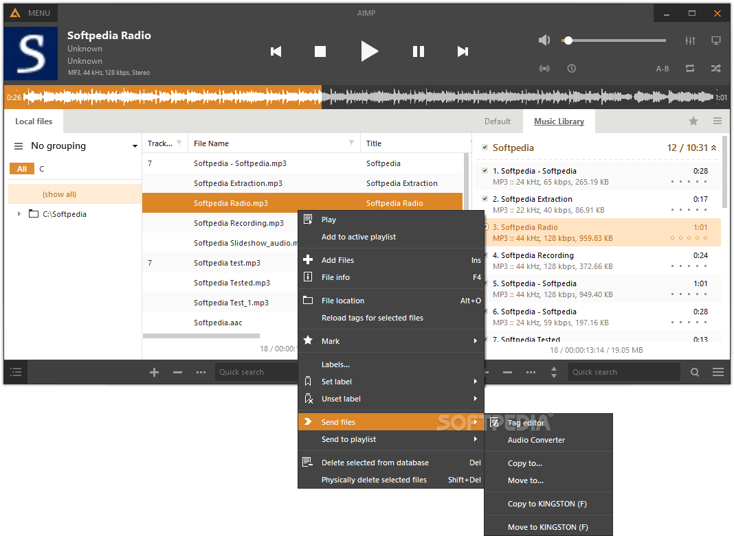 AIMP screenshot 2 - The right click context menu can help you bookmark songs and send files to the tag editor.