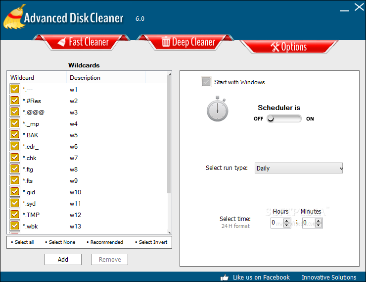 Advanced Disk Cleaner screenshot 4 - From the Options window you have the possibility to select the run type and schedule scan actions