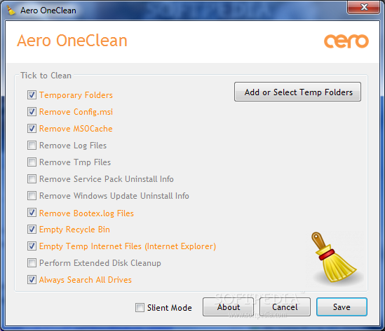 Aero OneClean screenshot 2 - From this window you can adjust various settings of the application.
