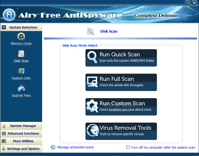 Airy Free AntiSpyware screenshot 2 - With Airy Free AntiSpyware you can perform a variety of scans to check the disks on your system.