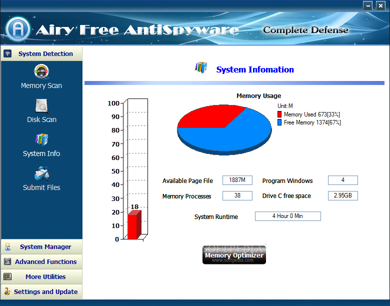 Airy Free AntiSpyware screenshot 3 - Airy Free AntiSpyware also provides some basic system information related to the resource usage and comes with its own memory optimization function.