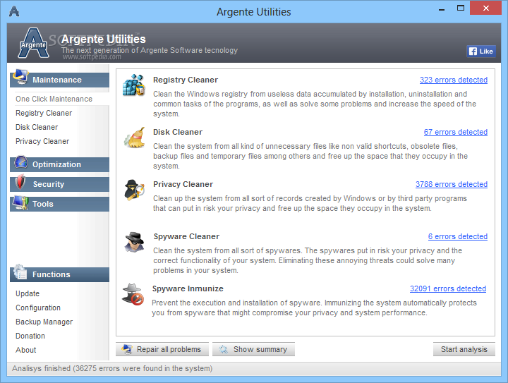 Argente Utilities screenshot 1 - You can perform a full-system scan and view the results into the main window of the application.