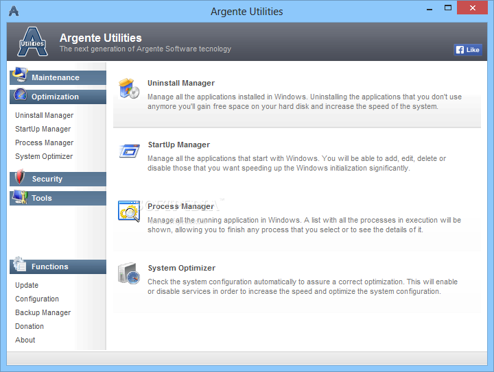Argente Utilities screenshot 3 - You can optimize your system by making use of the uninstall, startup and process managers.