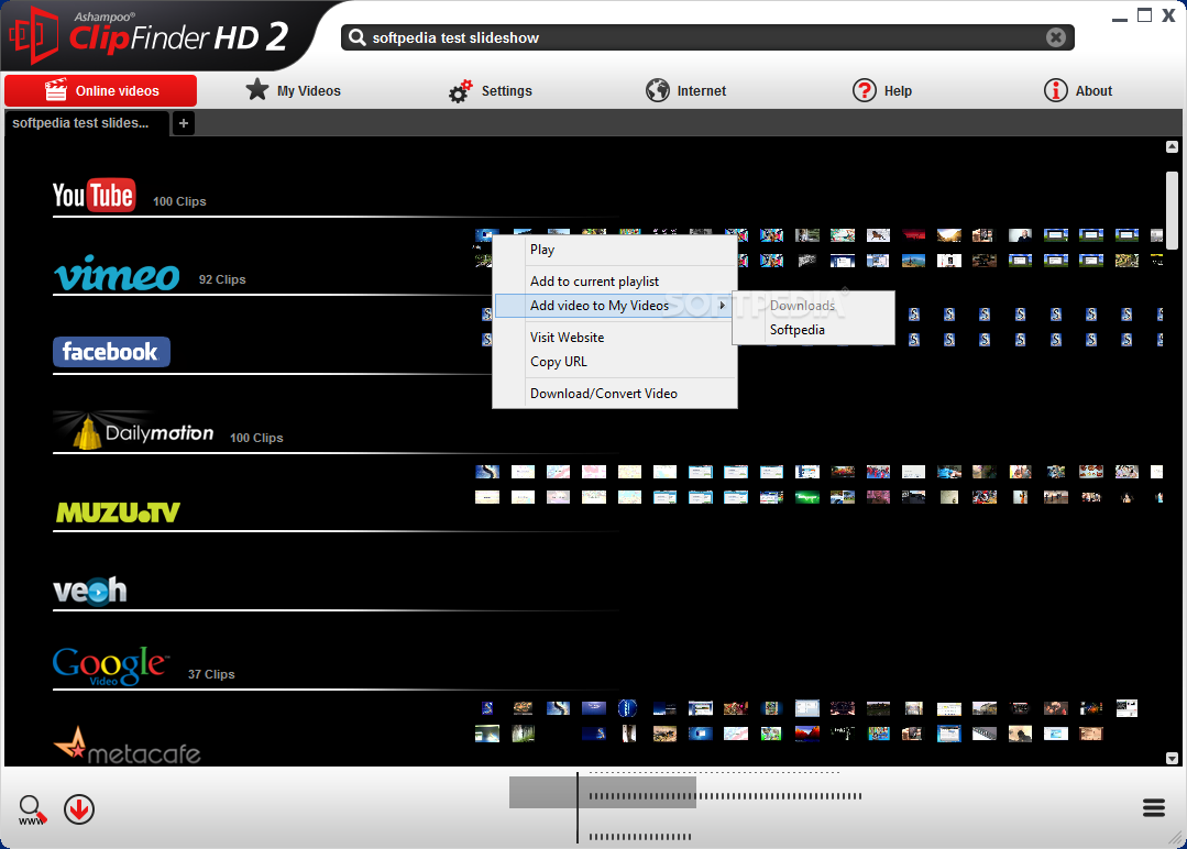 Ashampoo ClipFinder HD screenshot 1 - In the main window of Ashampoo ClipFinder HD, you can enter the URL of the video you want to search on the featured websites