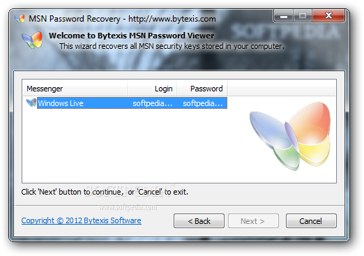 MSN Password Recovery screenshot 1 - MSN Password Recovery is a handy and reliable utility designed to recover your MSN passwords.