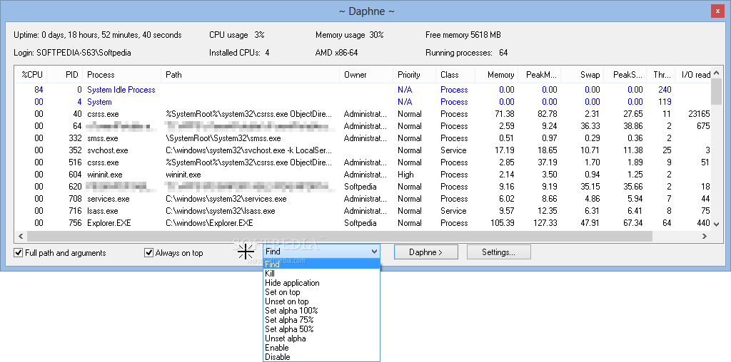 Daphne screenshot 1 - Daphne will help you quickly and easily manage your system's processes alongside capabilities such as killing, controlling as well as debugging