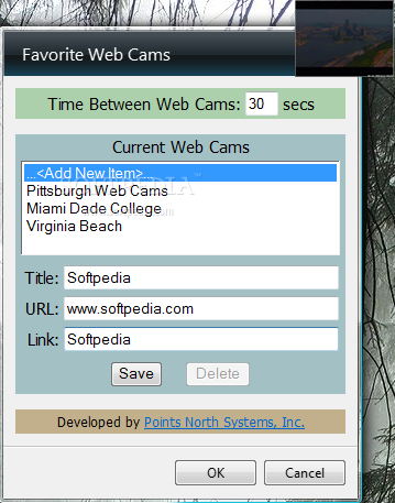 Favorite Web Cams screenshot 2 - From the options window, you can easily setup a new webcam to view with Favorite Web Cams.