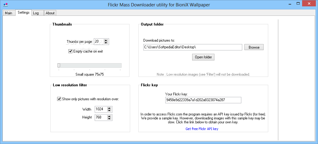 Flickr Mass Downloader screenshot 2 - From the Settings menu, users can set a resolution filter that displays only pictures with their defined width and height