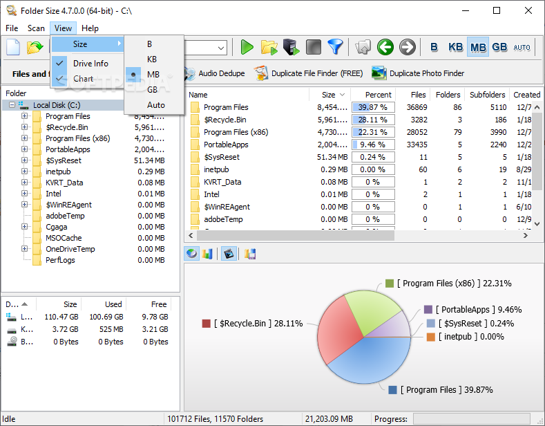 Folder Size screenshot 3 - The 'View' menu allows you to change the size unit and view the drive information.