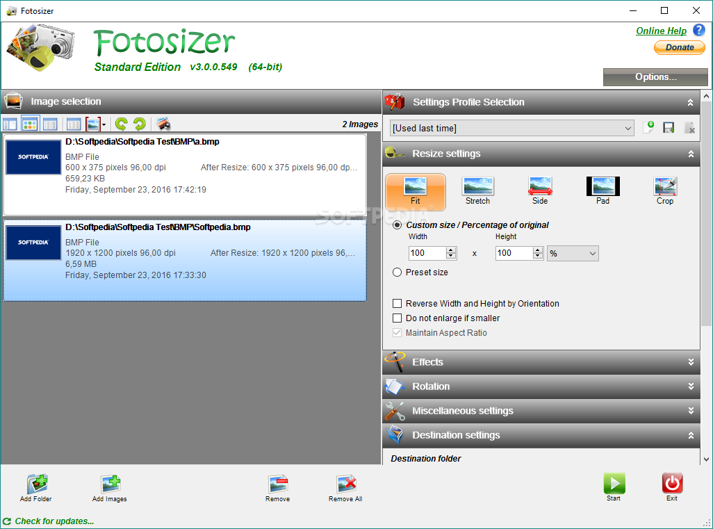 Fotosizer screenshot 1 - The main window of the application allows you to add multiple images and change the output preferences.