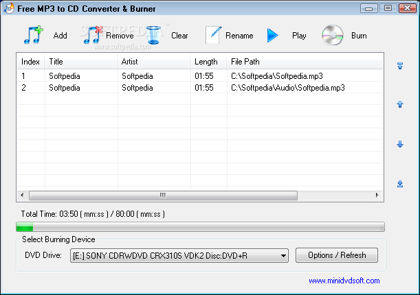 Free MP3 to CD Converter & Burner screenshot 1 - The main window of Free MP3 to CD Converter & Burner allows users to add the files they want to convert and burn.