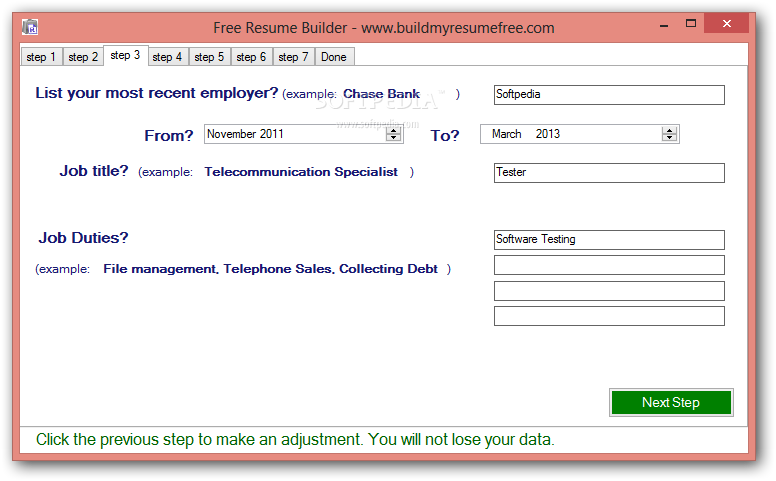 Free Resume Builder screenshot 3 - The user can specify multiple ...