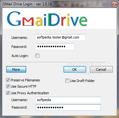 GMail Drive Shell Extension screenshot 2 - In the Gmail Drive Login window a user must enter his/hers email address and password.