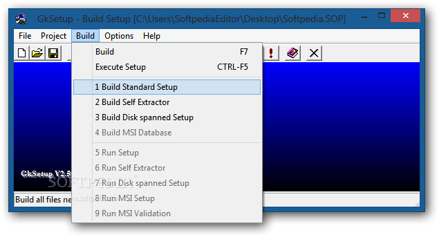 GkSetup screenshot 3 - You can choose to build your installer and execute your setup from the Build menu.