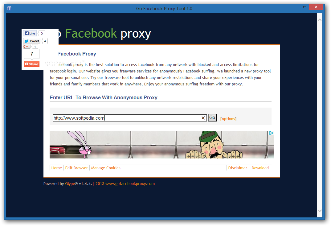 Go Facebook Proxy Tool screenshot 1 - The main window of Go Facebook Proxy Tool enables you to specify the URL address you want to access