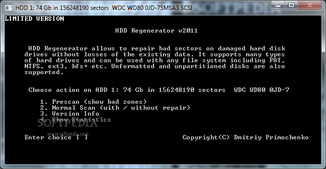 HDD Regenerator screenshot 3 - The DOS window of HDD Regenerator will provide users with Prescan, Normal Scan or Show Statistics options