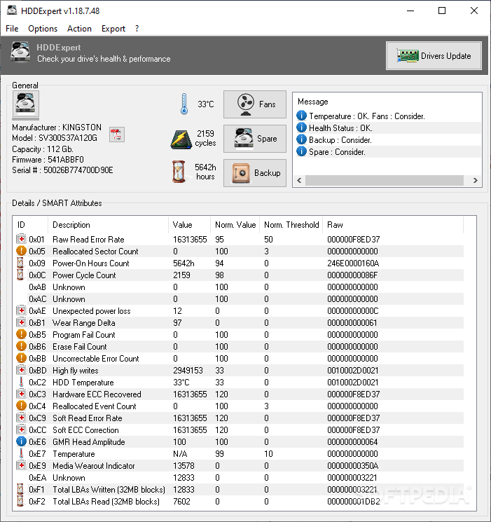 HDDExpert screenshot 1 - The main window of HDDExpert displays a wide range of details about your hard disk, such as temperature or model number