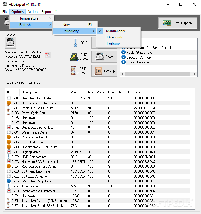 HDDExpert screenshot 2 - You can access the dedicated menu when you want to manually refresh the information displayed by HDDExpert