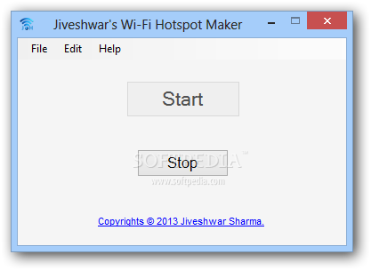 Jiveshwar's Wi-Fi Hotspot Maker screenshot 1 - The main window of Jiveshwar's Wi-Fi Hotspot Maker enables you to start or stop the hotspot.