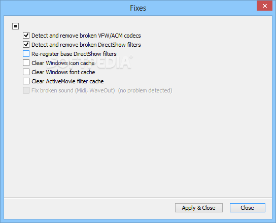 K-Lite Codec Tweak Tool screenshot 2 - Codec Tweak Tool will enable you to select the fixes to be applied.