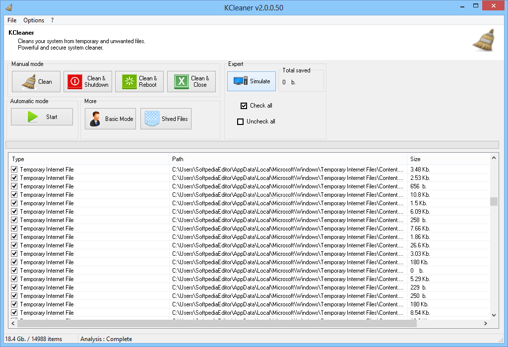 KCleaner screenshot 2 - This menu will allow you to choose the action that KCleaner should launch
