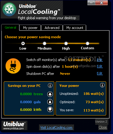 Local Cooling screenshot 2 - From the General tab window of Local Cooling, you will be able to choose your power saving mode.