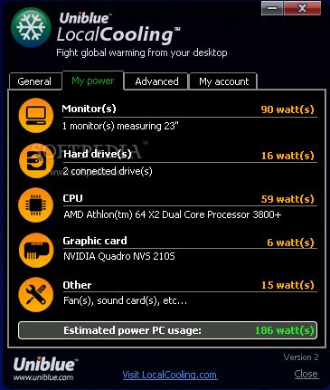 Local Cooling screenshot 3 - In the My Power tab window of Local Cooling, you will be able to view the estimated amount of power PC usage.