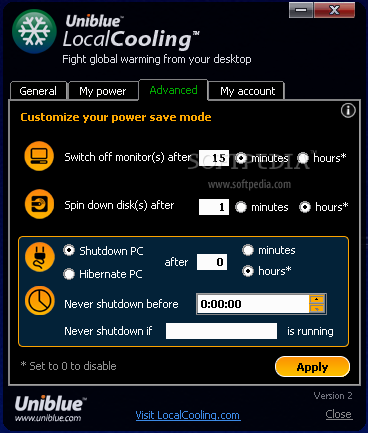 Local Cooling screenshot 4 - From thye Advanced tab window of Local Cooling, you will be able to customize your power save mode.