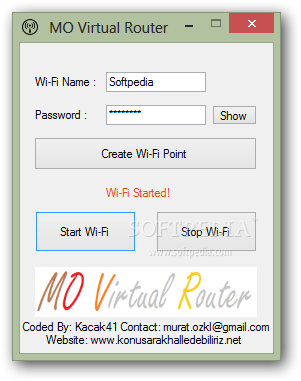 MO Virtual Router screenshot 1 - You can use the main window of the software to input the name and password of your new Wi-Fi point.