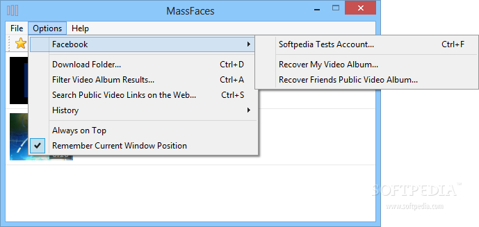 MassFaces screenshot 3 - You can access the Options menu when you want to set MassFaces on top of all the other open windows