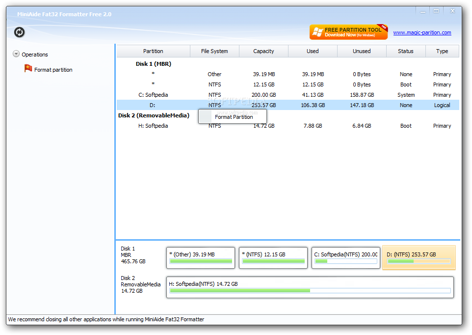 MiniAide Fat32 Formatter screenshot 1 - MiniAide Fat32 Formatter will help you quickly and easily format volumes to FAT32 or NTFS