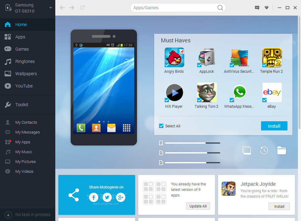 Mobogenie screenshot 1 - The main window of Mobogenie enables users to connect their Android device.