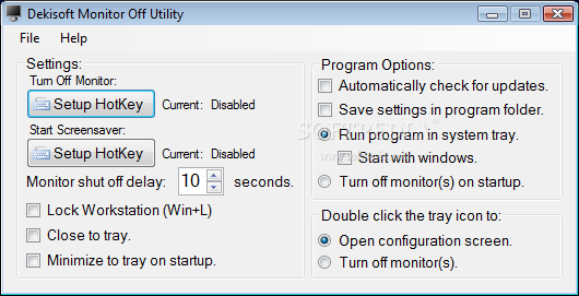 Monitor Off Utility screenshot 1 - This is the main window of Monitor Off Utility where you can create the configuration you prefer