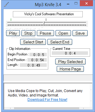 Mp3 Knife screenshot 1 - The main window allows you to add and play a certain audio file.
