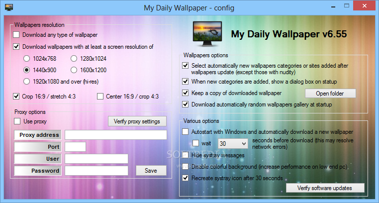 My Daily Wallpaper screenshot 2 - You can access the Configuration window when you want to set the software to keep a copy of the downloaded wallpaper