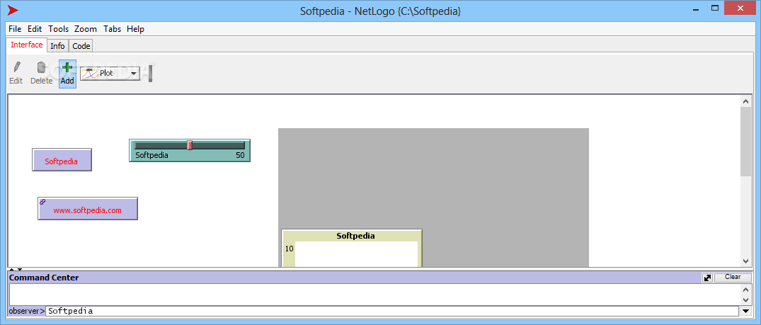 NetLogo screenshot 1 - The main window of NetLogo allows you to create your virtual envinronment.