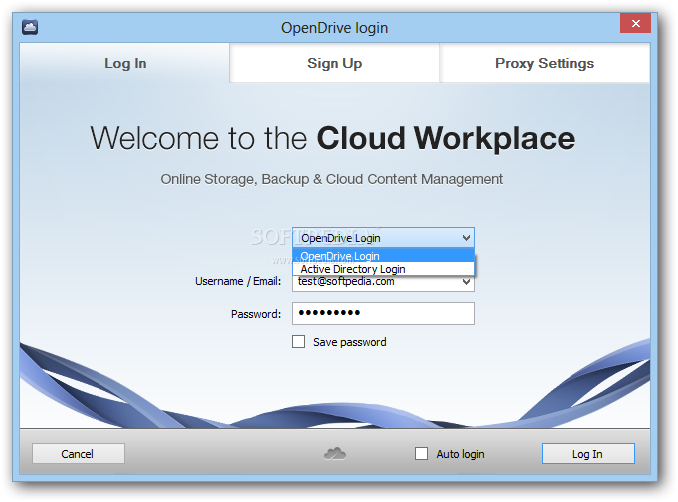 OpenDrive screenshot 1 - In order to be able to enjoy the functions of OpenDrive, you need to enter your credentials