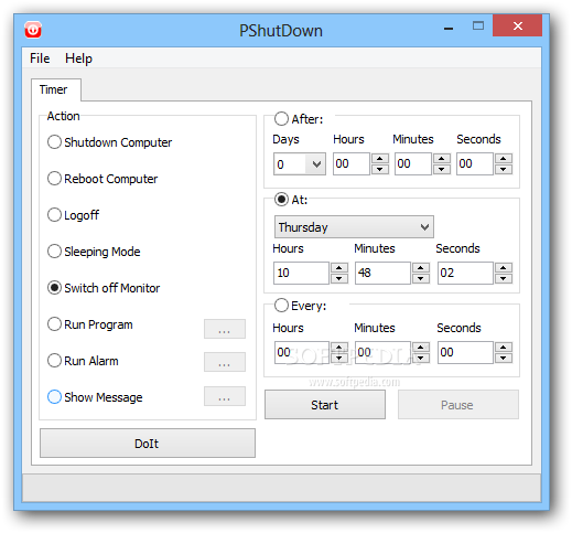 PShutDown screenshot 1 - In the main window of PShutDown, you can set your computer to shutdown, reboot, logoff, enter sleeping mode or show a message