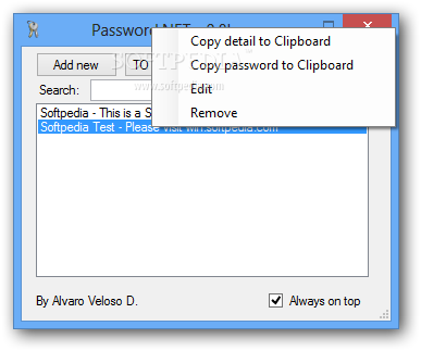 Password.NET screenshot 2 - From the context menu you have the possibility to copy the details to clipboard or remove the selected password