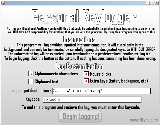 Personal Keylogger screenshot 1 - The Settings window of Personal Keylogger