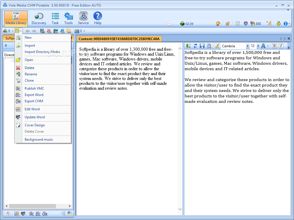 Portable Vole Media CHM Free Edition screenshot 2 - The application enables you to quickly import media files, edit the current word or export the CHM document