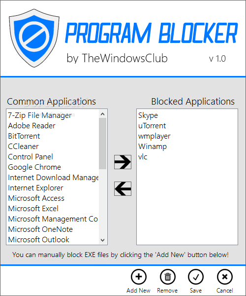 Program Blocker screenshot 3 - From the dedicated window, you can select the applications that you wish to prevent from running