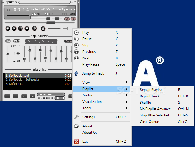 Qmmp screenshot 2 - You can access most of the program features such as the visualizations and the playlist manager from the context menu.