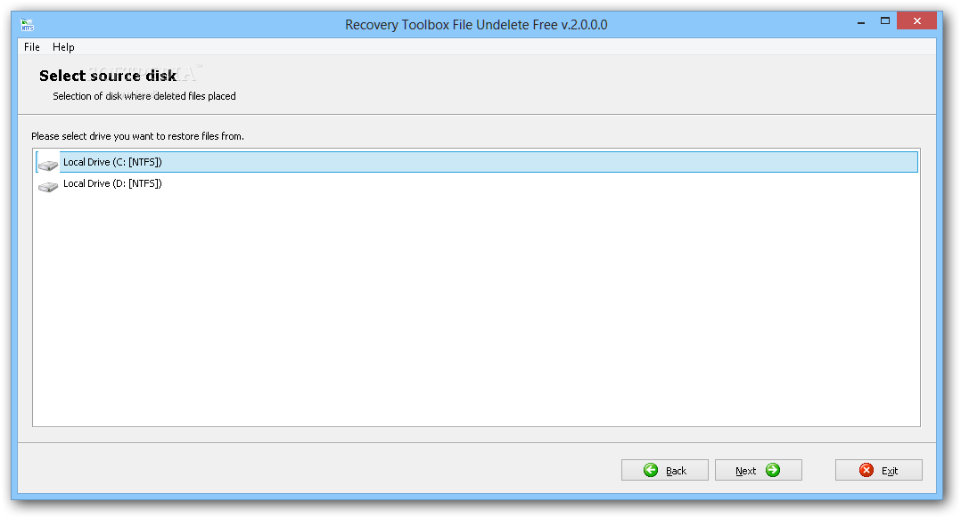 Recovery Toolbox File Undelete Free screenshot 1 - From the main window of Recovery Toolbox File Undelete Free, you can select the source disk where erased files are placed