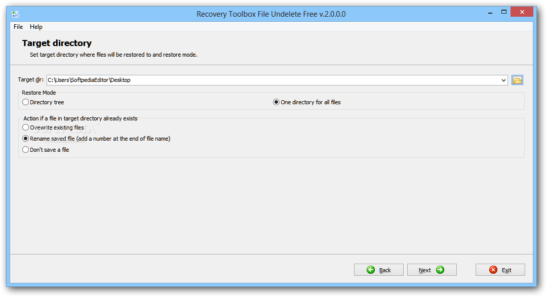 Recovery Toolbox File Undelete Free screenshot 3 - You can set the target folder where the recovered files will be stored and the restore mode