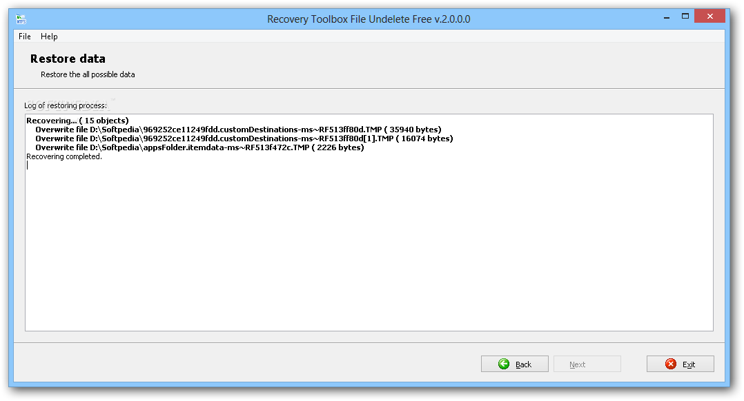 Recovery Toolbox File Undelete Free screenshot 4 - After a scan is performed, the app displays the recovered files that are placed in a log of restoring process