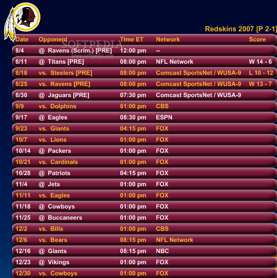 Redskins Football Schedule Screenshots, screen capture - Softpedia