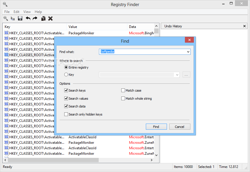 Registry Finder screenshot 2 - The application allows you to search for a particular key word through the Windows registry, then displays the results.