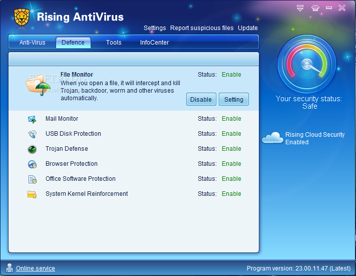 Rising Antivirus Free Edition screenshot 2 - The Defence tab will offer File / Mail Monitor, USB Disk Protection, Trojan Defense, Browser / Office Software Protection options